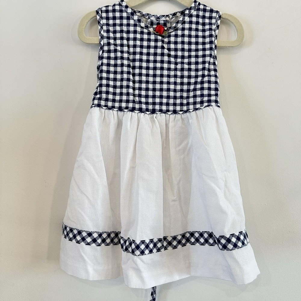 VTG 90s Toddler Girl 2T Blue Gingham White‎ Summer Sundress Tie Back Rose